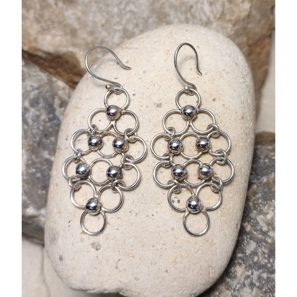 Vintage Japanese Chainmaille Sterling Silver Circle Link Dangle Earrings
